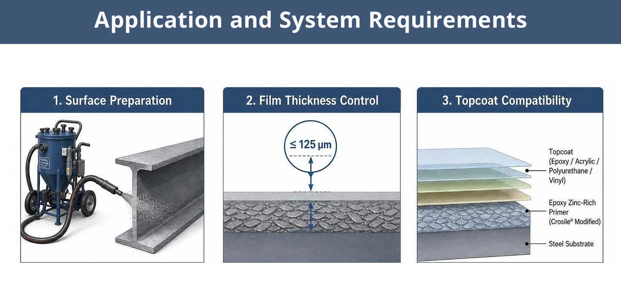 Technical infographic illustrating the three key application requirements for epoxy zinc-rich primers: surface preparation, film thickness control (≤ 125 μm), and topcoat compatibility with epoxy, acrylic, polyurethane, or vinyl systems.