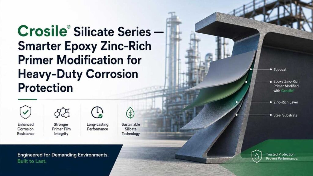 3D diagram illustrating the multi-layer structure of a steel substrate coated with an epoxy zinc-rich primer modified by Crosile® silicate technology.
