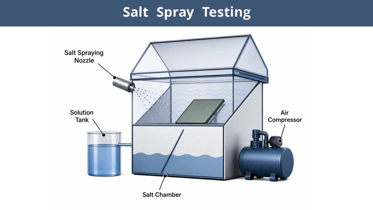 Schematic diagram of a salt spray testing chamber, showing the nozzle, solution tank, and air compressor used to validate coating corrosion resistance.