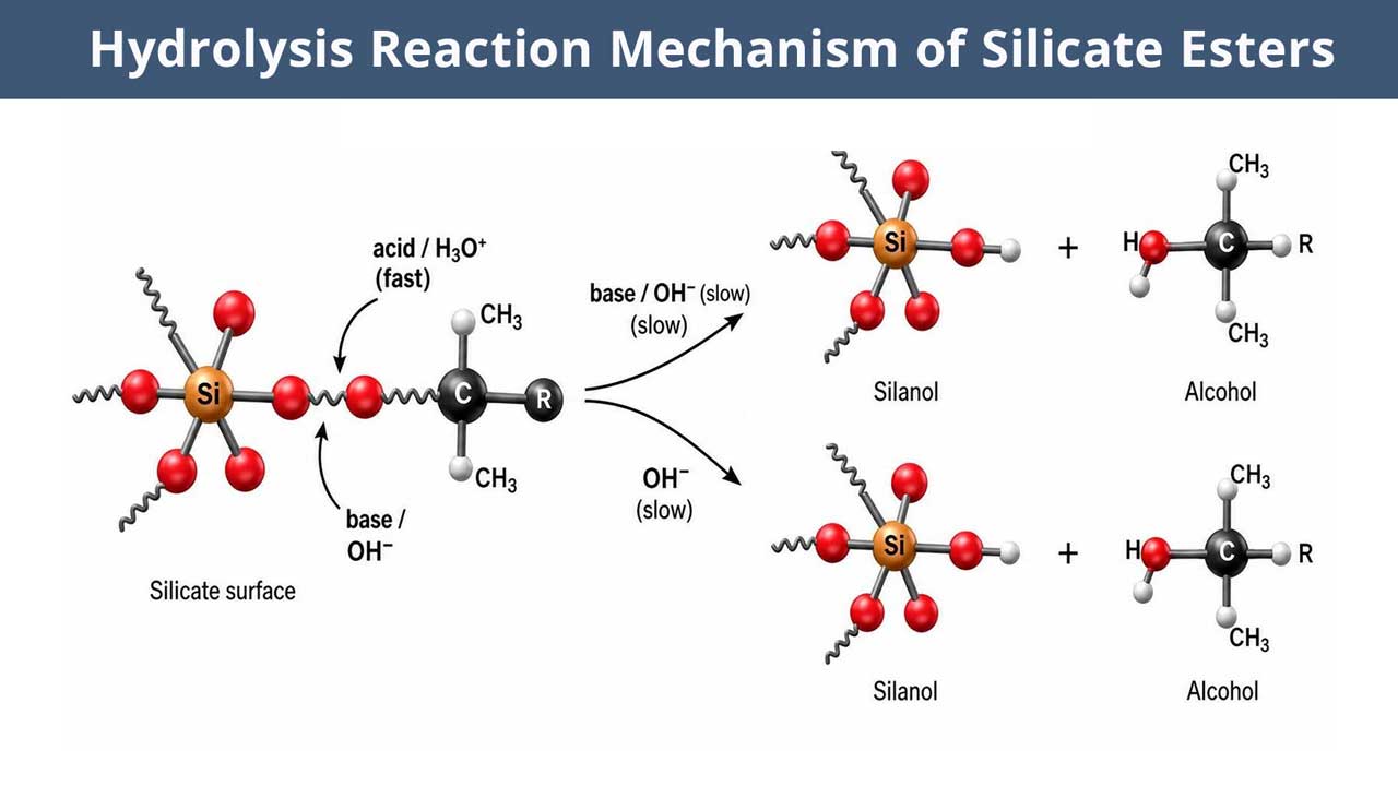 Scientific diagram illustrating the hydrolysis reaction mechanism of silicate esters into silanol and alcohol, explaining the chemical process behind silicate modification.